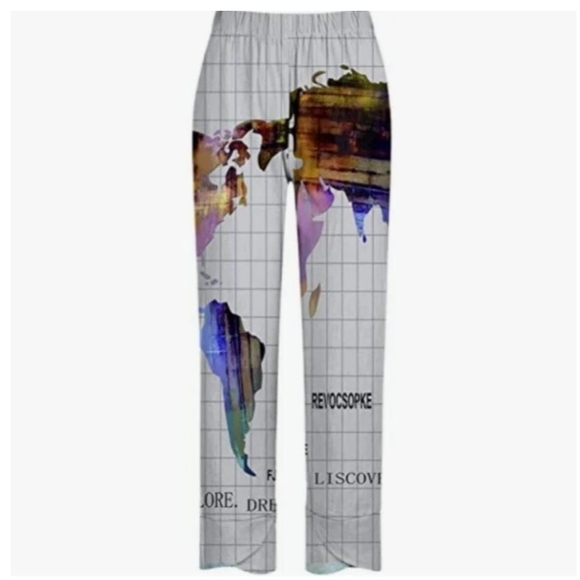 Wide Leg Elastic Waist Low Rise Capri Pants Cotton Blend Atlas Print Medium - Picture 1 of 4
